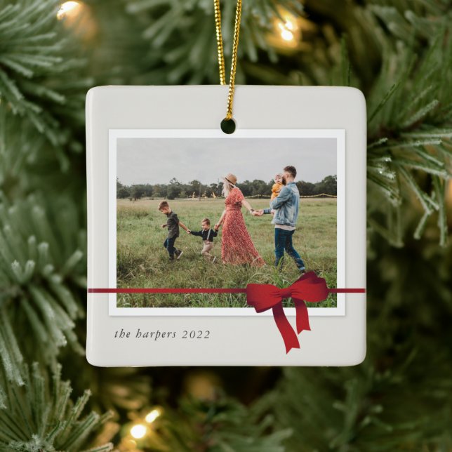 Enkel jul med röd rosett foto julgransprydnad keramik (Träd)