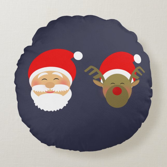 Enkel jul Santa & Ren i marinblått Rund Kudde (Framsidan)