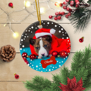 Enkel julbild på hundvalp julgransprydnad keramik