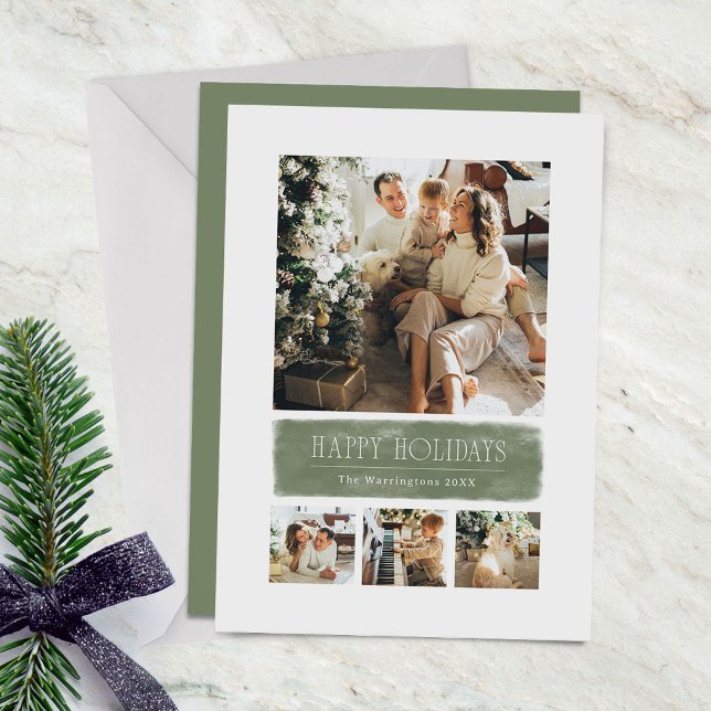Enkel julcollage i vattenfärg och sagegrön färg julkort (4-photo holiday card with grid layout and sage green watercolor wash.)