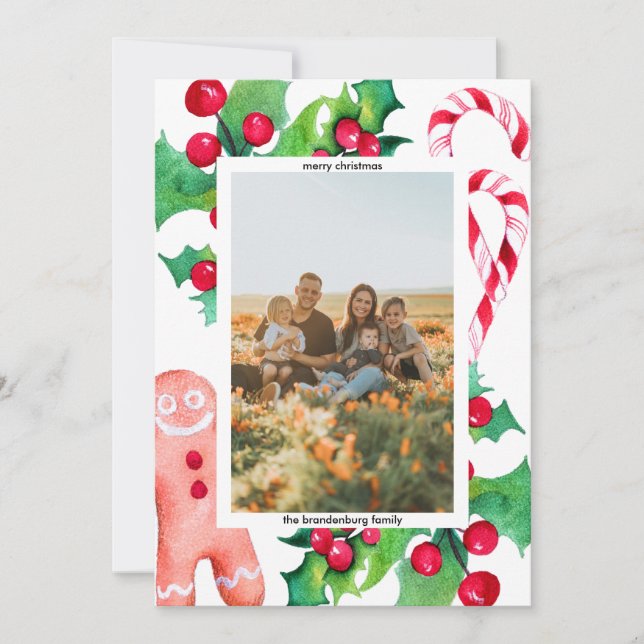 Enkel julfamiljs fotoutställning i Candy cane Häls Julkort (Framsida)