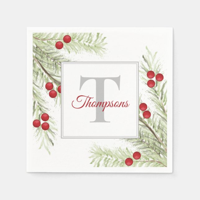 Enkel julfärg Greenery Holly Berries Pappersservett (Framsidan)