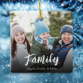 Enkel julfotad i familjen, marinblå julgransprydnad keramik