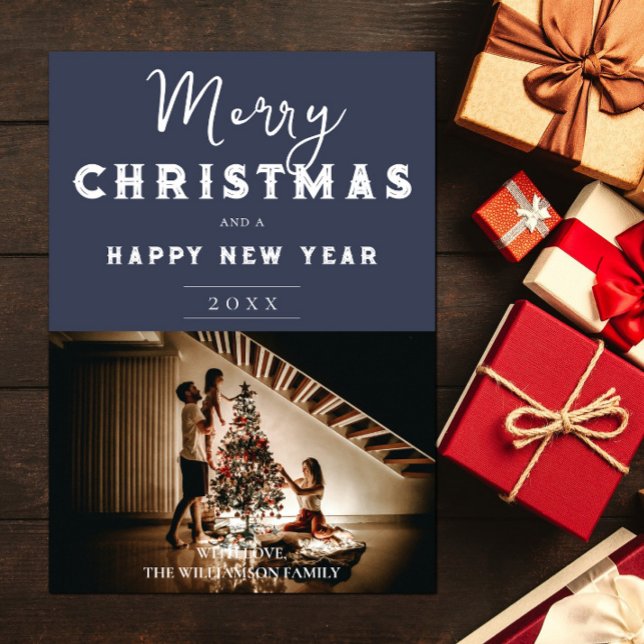 Enkel julfoto | Blå Julkort (Blue Simple Christmas Photo Holiday Card)