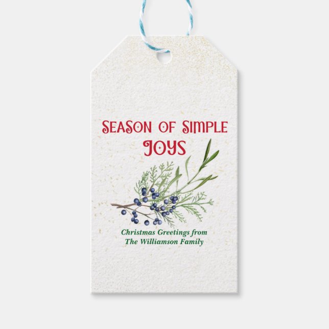 Enkel Julglädje Blå En Juniper Jul Presentetikett (Framsidan)