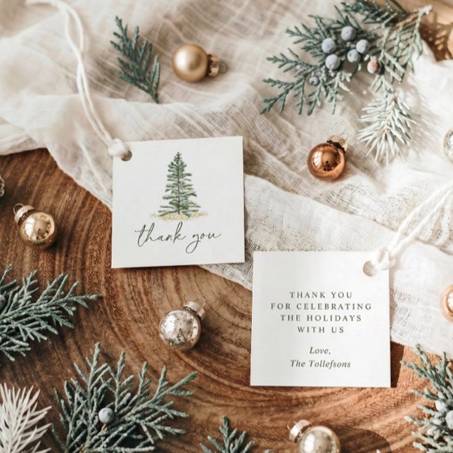 Enkel Julgran Julfest Gåvor Etiketter (Elegant Christmas party favor thank you tag with watercolor evergreen tree)
