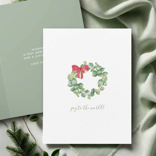 Enkel julkort med akvarellbotanisk krans helgkort (Watercolor Christmas cards with wreath and red bow by Victoria Grigaliunas of Do Tell A Belle)