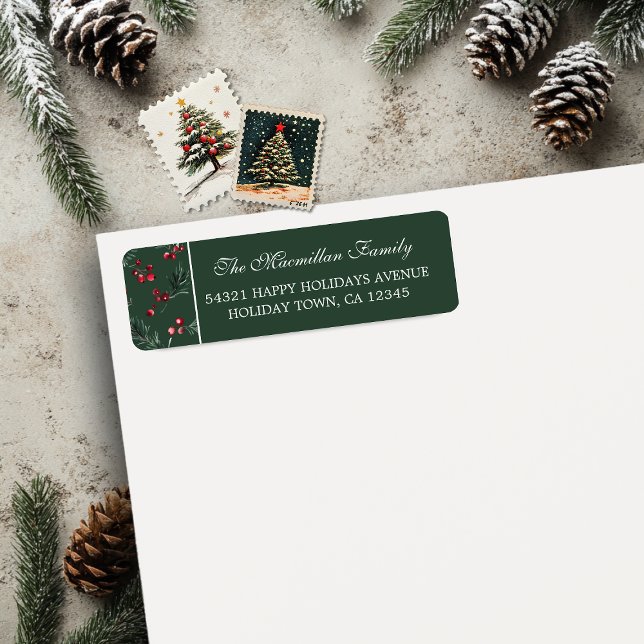 Enkel julvattenfärg Botaniskt Mörk grönt Returadress Etikett (Simple Christmas Watercolor Botanical Dark Green Return Address Labels)