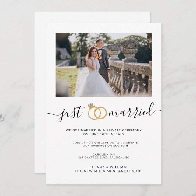 Enkel Just Married-annonsering  Paret foto  Inbjudningar (Fram/baksida)