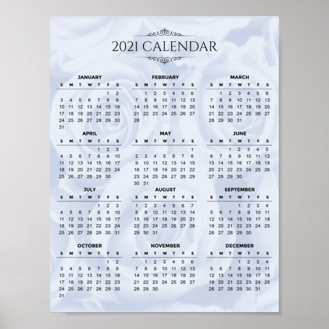 Enkel kalender för 2021 om vit Blommigt | POSTER (Framsidan)