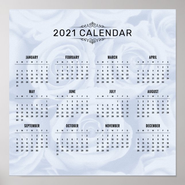 Enkel kalender för 2021 om vit Blommigt | POSTER (Framsidan)
