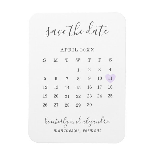 Enkel kalender Pastell Violett Hjärtan Spara Datum Magnet (Vertikal)