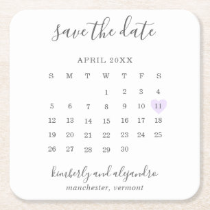 Enkel kalender Pastell Violett Hjärtan Spara Datum Underlägg Papper Kvadrat