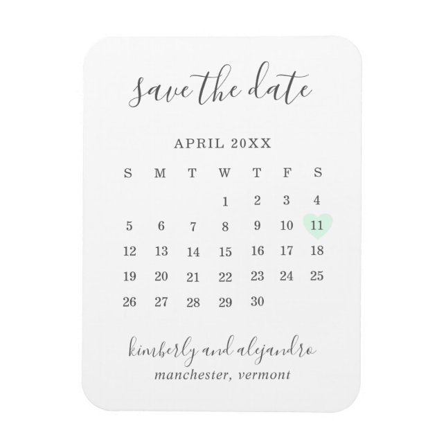 Enkel kalender Pastellgrön hjärta Spara datum Magnet (Vertikal)