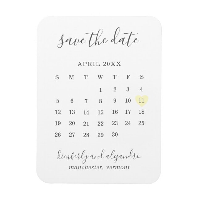 Enkel kalender Pastellgul hjärta Spara datum Magnet (Vertikal)