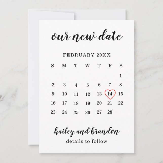 Enkel kalender Röd hjärta Bröllop ändra datum Meddelande (Framsida)