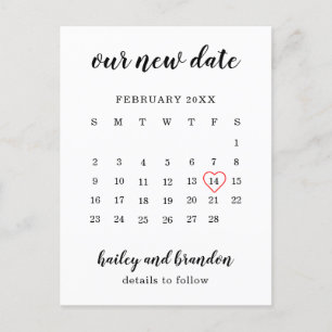 Enkel kalender Röd hjärta Bröllop Ändra datum Meddelande Vykort