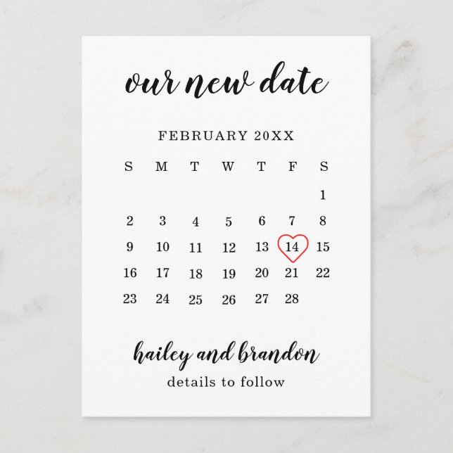 Enkel kalender Röd hjärta Bröllop Ändra datum Meddelande Vykort (Framsida)