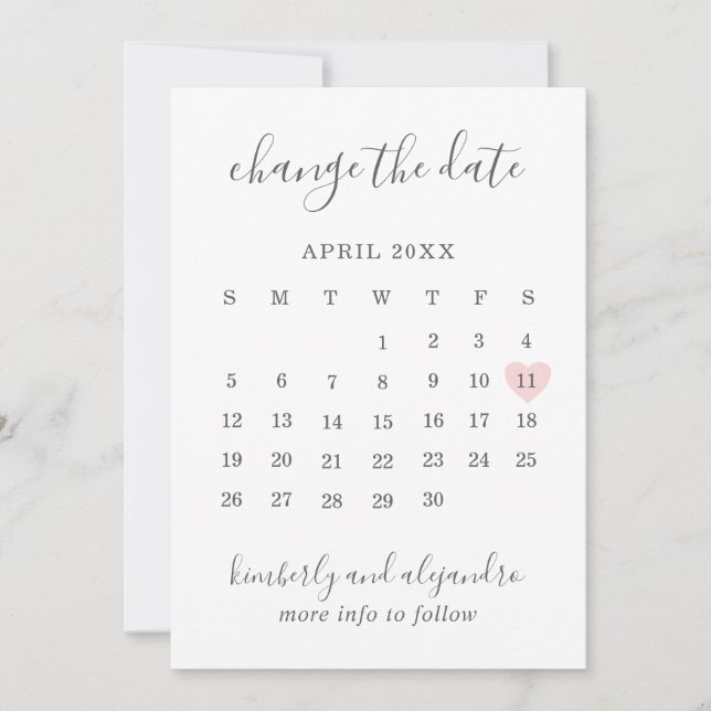 Enkel kalender Rosa hjärta Bröllop Ändra datum Meddelande (Framsida)
