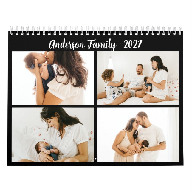 Enkel Kalligrafi Familjefoto Collage Svart Kalender (Omslag)