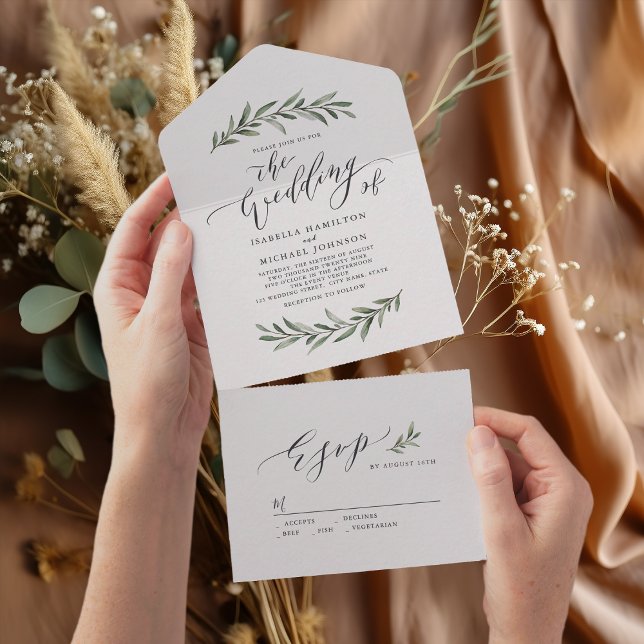 Enkel kalligrafi, rustik greenery bröllop allt i (Simple calligraphy rustic greenery wedding all in all in one invitation)