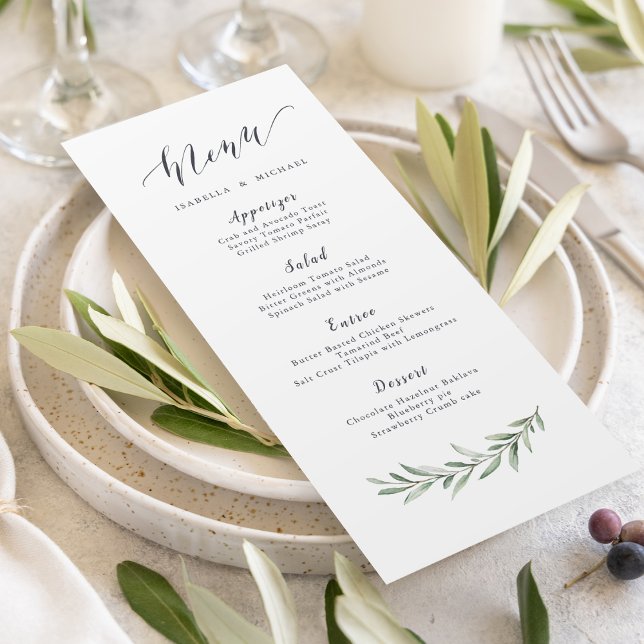 Enkel kalligrafi, rustik greenery bröllop meny (Simple calligraphy rustic greenery wedding menu)