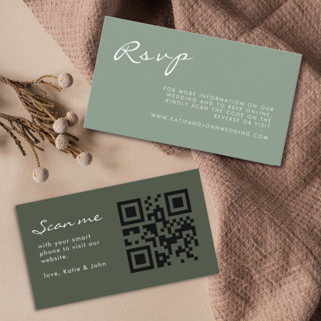 Enkel kalligrafi Sage Green Bröllops QR-kod RSVP Tilläggskort (Skapare uppladdad)