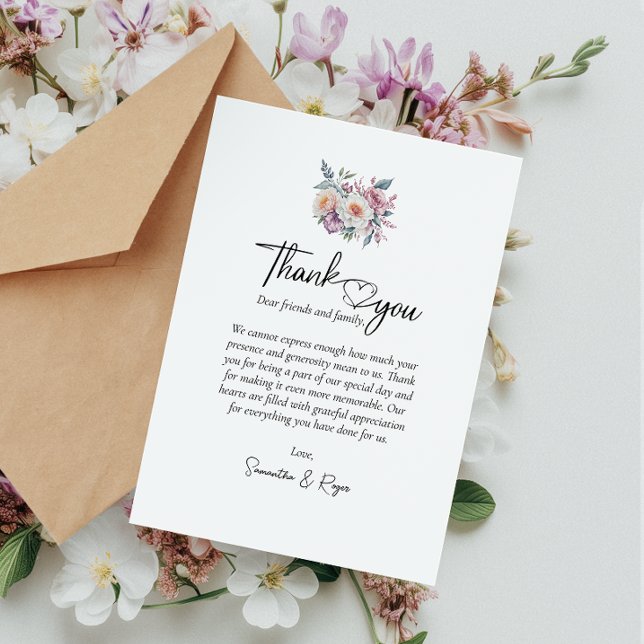 Enkel kalligrafi Vattenfärgblommor Bröllop Tack Kort (Cherish memories with our elegant wedding thank you card, a heartfelt gesture of gratitude.)