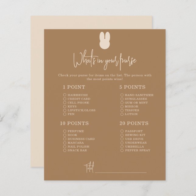 Enkel kanin Vad har du i din handväska baby shower (Fram/baksida)