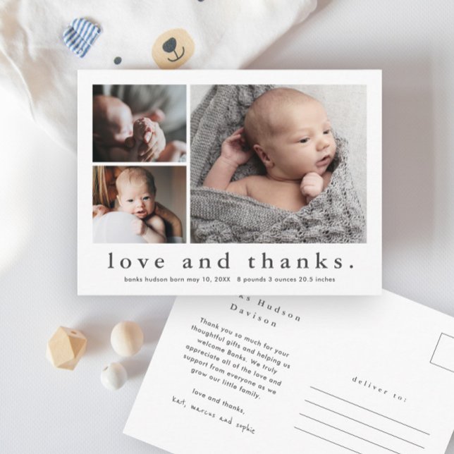 Enkel Kärlek och tack 3 Photo Baby Tack Vykort (Simple love and thanks typography baby photo thank you postcard.)