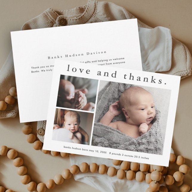 Enkel kärlek och tack Bebis Annonsering Tack Kort (Simple type love and thanks baby photo announcement thank you cards.)