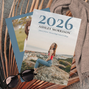 Enkel klass 2023 Två foto - blå Studenten Inbjudningar