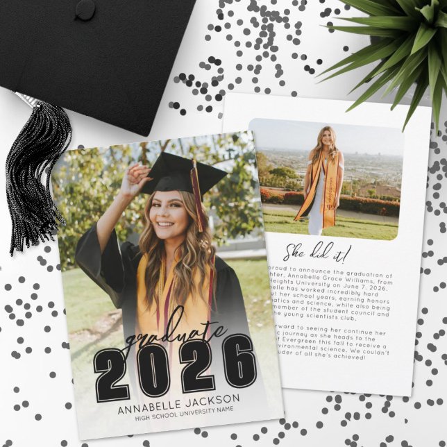 Enkel klass 2025 Student svart foto Studenten Meddelande (Simple Class 2026 Graduate Black Photo Graduation Announcement)