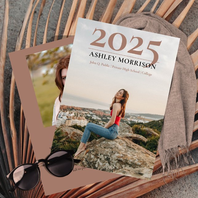 Enkel klass 2025 Två foto Terracotta Studenten Inbjudningar (Simple Classy 2025 Two Photo Collage Terracotta Graduation Announcement -- Print | Download)