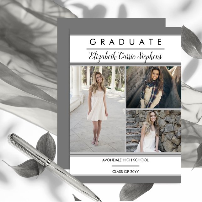 Enkel klass tre foto-Grått Studenten Meddelande (Simple Classy Three Photo Collage Gray and White Graduation Announcement - Print | Download)