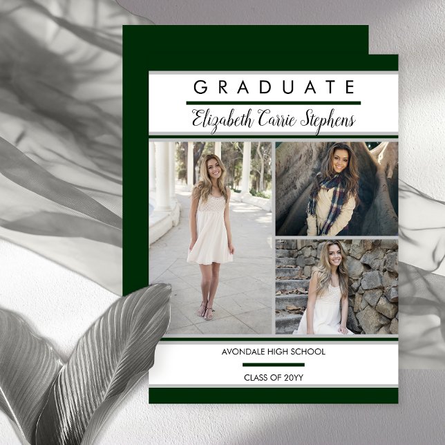 Enkel klass tre foto Grönt Studenten Meddelande (Simple and Classy Three Photo Green and White Graduation Announcement - Print | Digital Download)