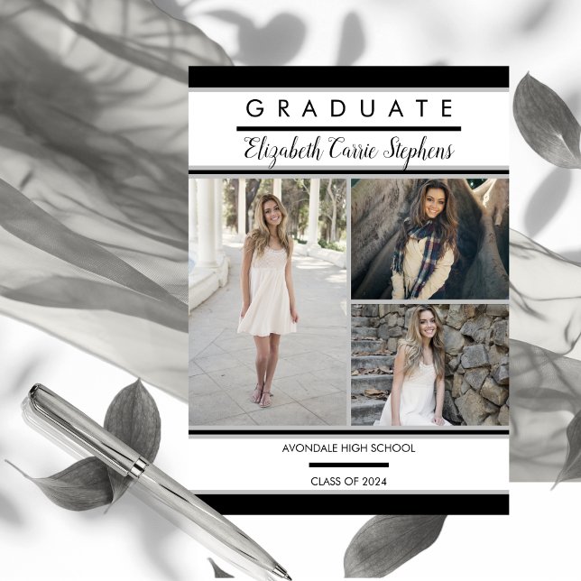 Enkel klass tre fotosvart | Vita Studenten Meddelande (Simple Classy Three Photo Black and White Graduation Announcement)