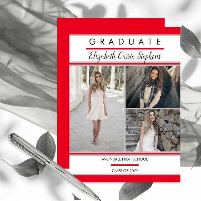 Enkel klass tre Photo Red Studenten Meddelande (Simply and Classy Three Photo Collage Red, White and Silver Gray Graduation Announcement)