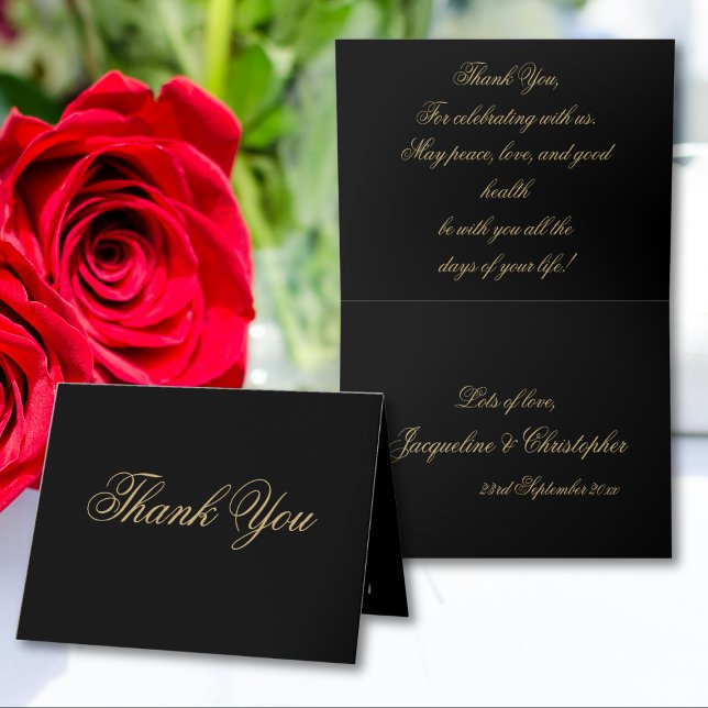 Enkel Klassisk Chic Skrift Elegant Svart Och Guld Tack Kort (Simple, Elegant, Classic Chic Script - Black And Gold Thank You Card - inside and outside.)