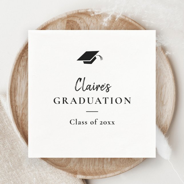 Enkel Klassisk Examen  Pappersservett (Modern Handwritten Black and White Cap Graduation Party Napkins.)