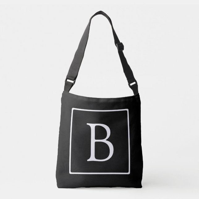 Enkel Klassisk Monogram | Svart med Vit Text Axelväska (Framsida)