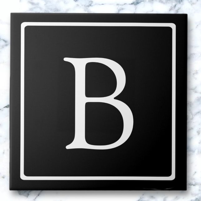Enkel Klassisk Monogram | Svart med Vit Text Kakelplatta (Skapare uppladdad)