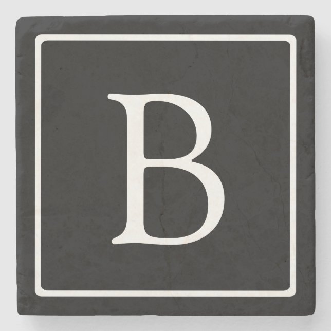 Enkel Klassisk Monogram | Svart med Vit Text Stenunderlägg (Framsidan)
