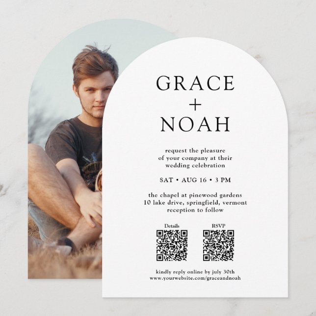 Enkel Klassisk Typografi Foto & QR RSVP Bröllop Inbjudningar (Fram/baksida)