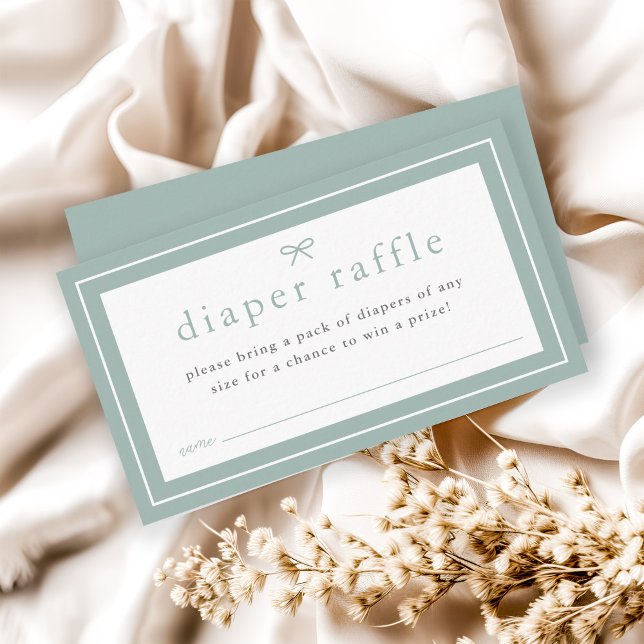 Enkel Könsneutral Baby Shower Blöja Lotteri Tilläggskort (Simple bow sage green gender neutral baby shower invitation diaper raffle enclosure cards.)