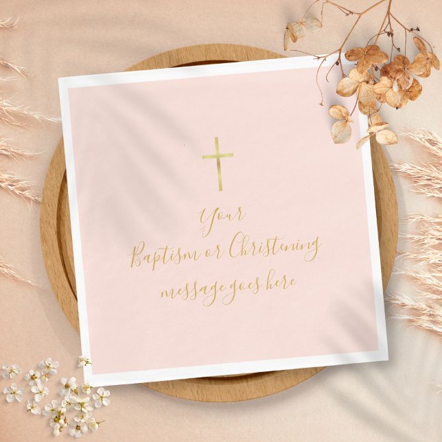 Enkel Kor-baptism i Guld som hotar den  Rosan Pappersservett (Simple Gold Cross Baptism Christening Blush Pink Napkins)