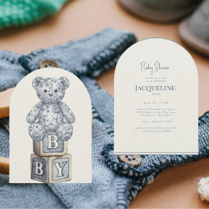 Enkel kräm och blå teddybjörn valv baby shower inbjudningar