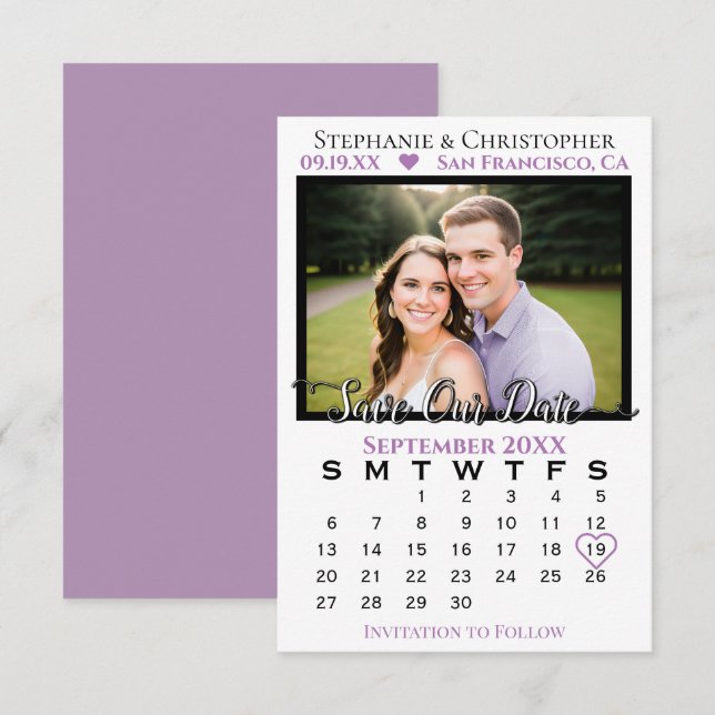 Enkel Lavendel & Vit Kalender & Foto Bröllop Spara Datumet (Fram/baksida)