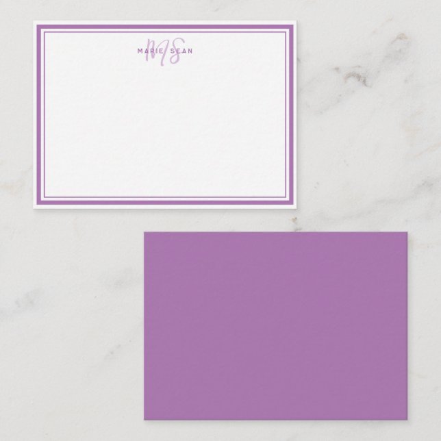 Enkel Lavender-minimalistisk Monogram två Gräns Anteckningskort (Fram/baksida)