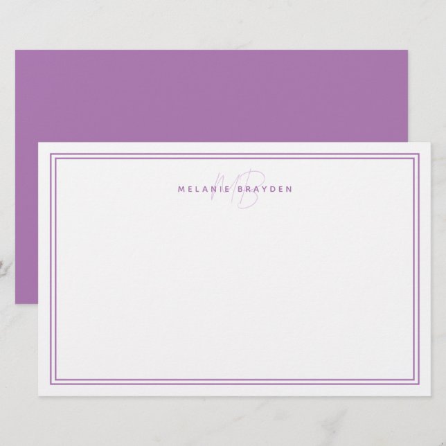 Enkel Lavender-minimalistisk Monogram två Gräns Brevpapper (Fram/baksida)